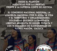 DESDE EL PLANTÓN MAZATECAS POR LA LIBERTAD, FRENTE A LA SUPREMA CORTE DE JUSTICIA, EL CONGRESO NACIONAL INDÍGENA, LA ASAMBLEA NACIONAL POR EL AGUA LA VIDA Y EL TERRITORIO Y ORGANIZACIONES SOLIDARIAS EXIGIMOS LA INMEDIATA LIBERTAD ABSOLUTA DE MIGUEL PERALTA Y LOS 14 EXILIADOS DE ELOXOCHITLÁN DE FLORES MAGÓN, OAXACA