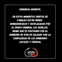DENUNCIA URGENTE:  EN ESTOS MOMENTOS CIENTOS DE FAMILIAS ESTÁN SIENDO  BOMBARDEADAS Y DESPLAZADAS POR EL GRUPO CRIMINAL LOS ARDILLOS,  MISMO QUE ES PROTEGIDO POR EL GOBIERNO DE EVELYN SALGADO CON LA  COMPLICIDAD DE LOS GOBIERNOS LOCALES Y FEDERAL